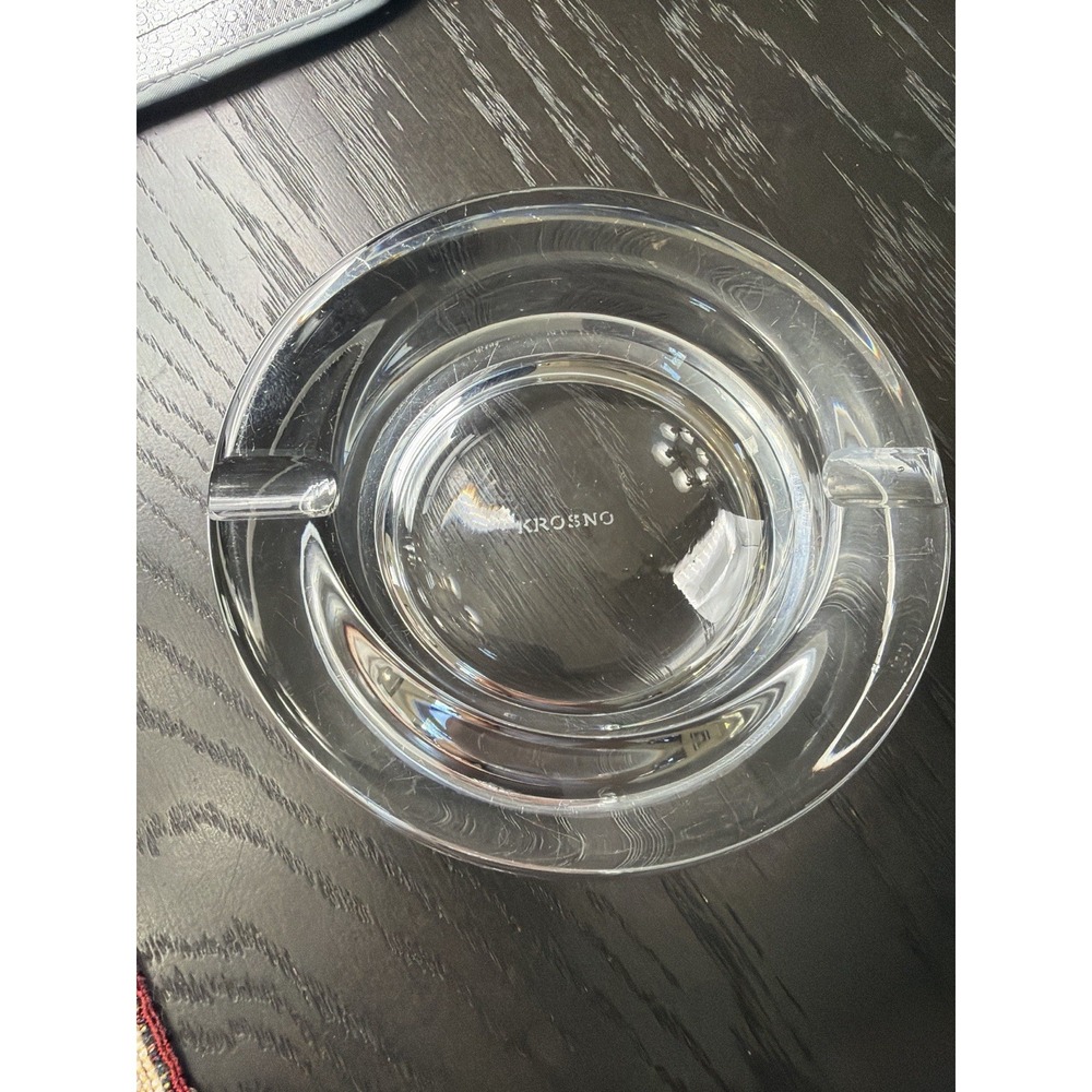 Vintage Krosno Clear Crystal Glass Ashtray‎ Round Heavy 2 Rest 5".      3995